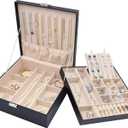 ProCase Jewelry Box for Women, 2 Layers Large Leather Jewelry Organizer Storage Case with Removable Pad for Earrings -Black