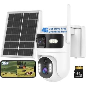 Dual Lens 4G LTE Cellular Security Camera Outdoor,No WiFi Security Camera Solar Powered,365 Days Free Unlimited Data,PTZ with 360Auto Tracking,2K Color Night Vision,PIR Alarm,2-Way Audio