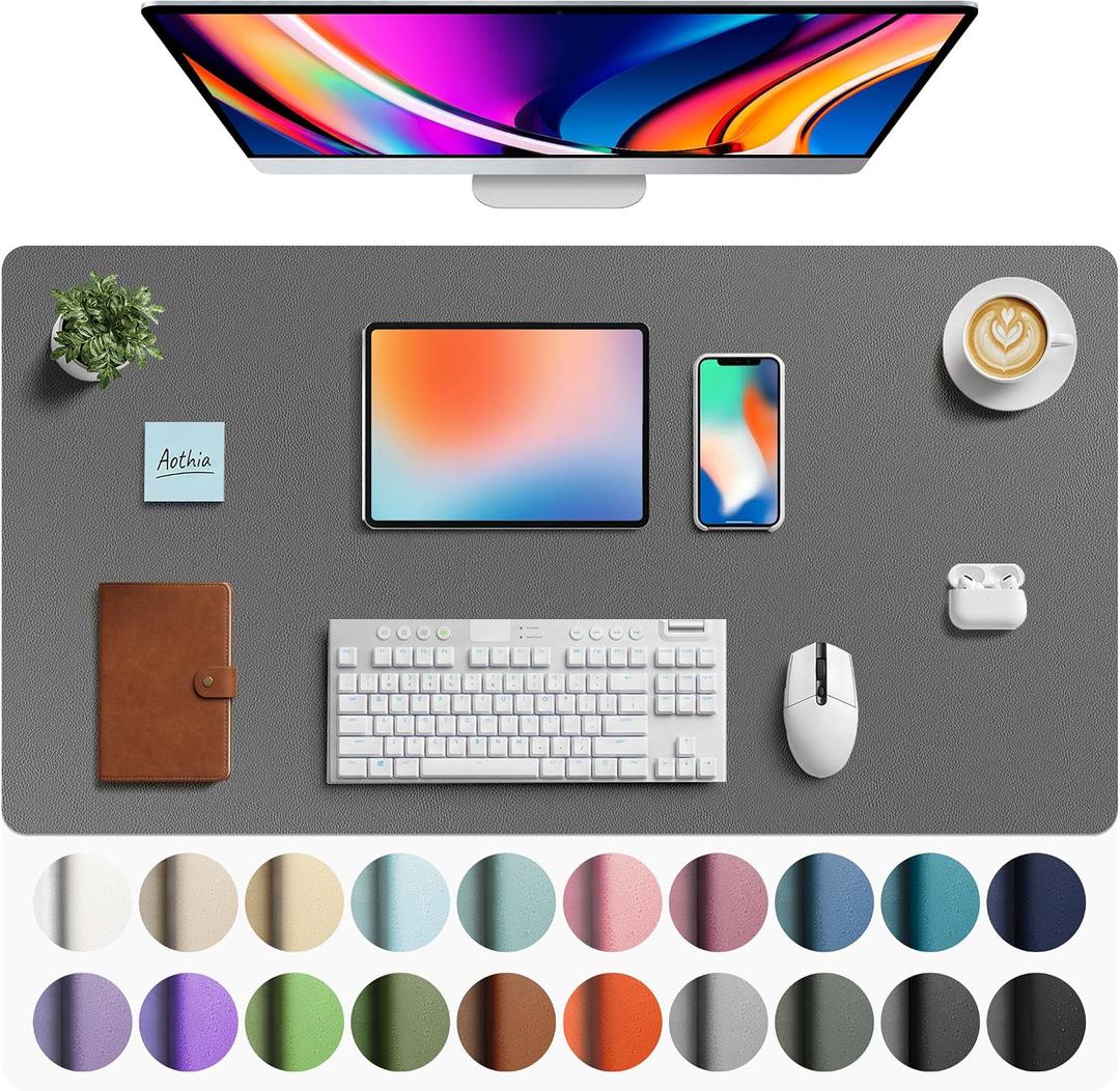 Aothia Faux Leather Desk Mat - Large Mouse Pad, Non-Slip PU Leather Blotter, Waterproof Writing Surface for Office and Home (Grey, 40" x 24")