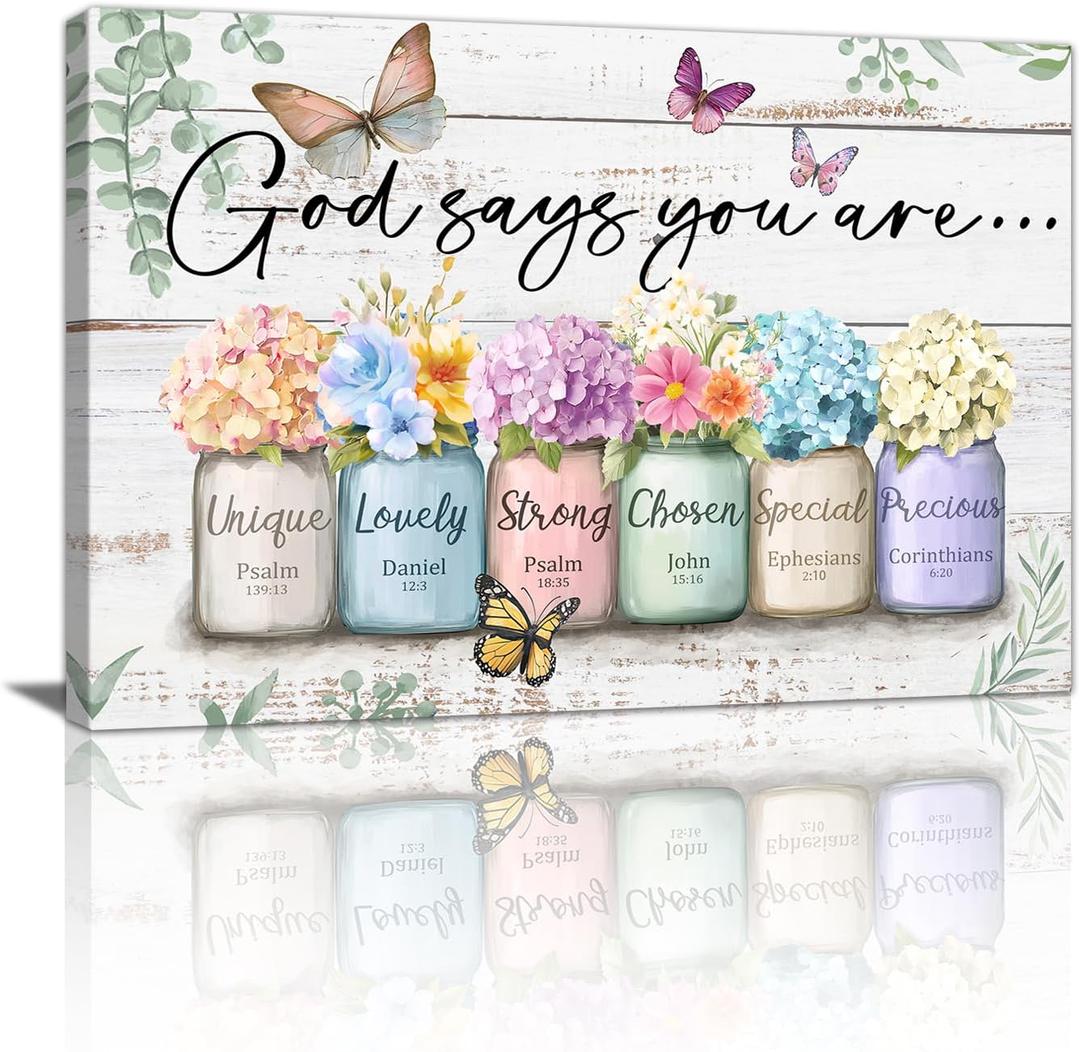 God Says You Are Canvas Wall Art Christian Inspirational Bible Verse Wall Painting Religious Scripture Encouragement Gifts for Women Hydrangea in Mason Jar Butterfly Picture Decor for Bedroom 12"x16 inch