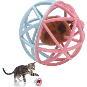 Squeaky Mouse Ball Cat Toy with Simulated Sound, Mouse Ball Cage, Squeky Balls for Cats to Play with Indoor, Plastic Squeak Interactive Funny Toys Best for Playing Chewing Training Chasing (Pink-Blue)