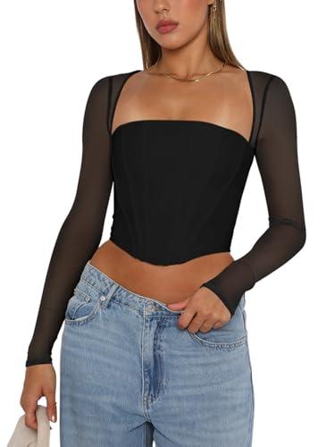 REORIA Women's Fall Sexy Trendy Mesh Long Sleeve Boned Square Neck Crop Tops Corset Slim Fit Going Out Busiter Tops Valentines Day Outfit (Black Medium)