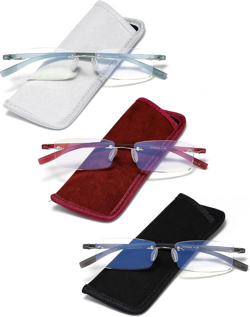 HIYANJN Rimless Reading Glasses For Women Tr90 Blue Light Blocking Eyeglasses Lightweight Frameless Computer Readers(3-Pack, 1.5)