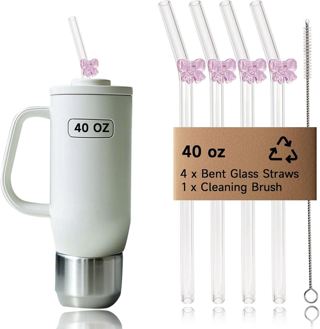 4Pack 12.2” Reusable 40oz Tumblers Straws, Long Glass Straw with Charms, Pink Bow Replacement Tall Straws/12 in' Cleaning Brush, Coffee, Smoothies, Milkshake, Matcha Lattes, Aesthetic Gift