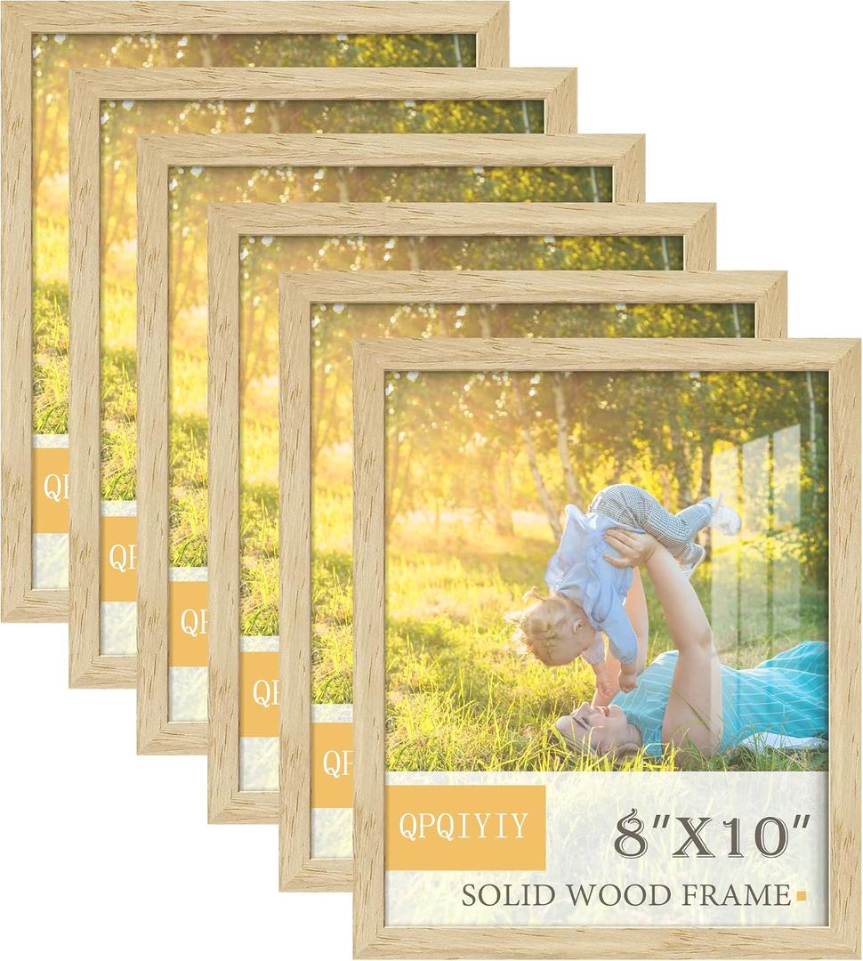 8x10 Picture Frame Set of 6, 100% Solid Wood Photo Frames with HD Shatter-Resistant Plexiglass, Wall Hanging & Tabletop Display, Natural