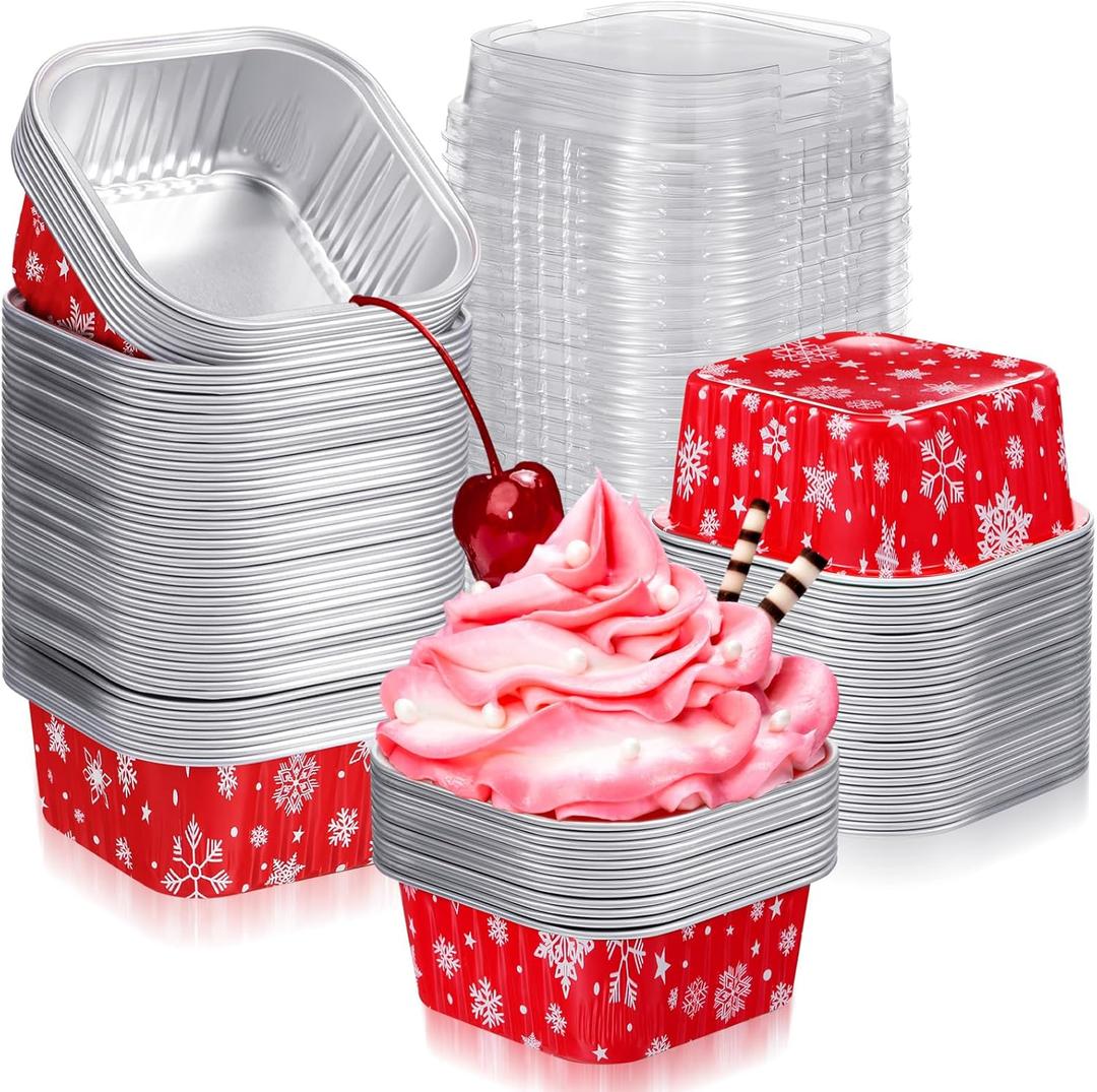 100 Pcs Christmas Aluminum Cups Foil Cupcake Container with Lids 5 oz Xmas Square Foil Pan Holder Mini Disposable Ramekins Cake for Xmas Party(Snowflake)