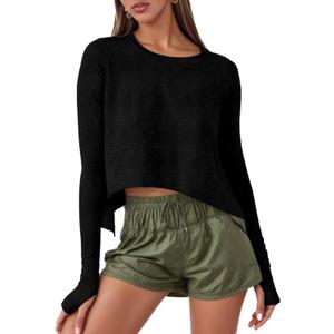 Aurgelmir Womens Long Sleeve Cropped Tops Loose Workout Athletic T-Shirts Flowy Sweatshirt for Yoga Tiered Hem Gym Tees (Medium, Black)