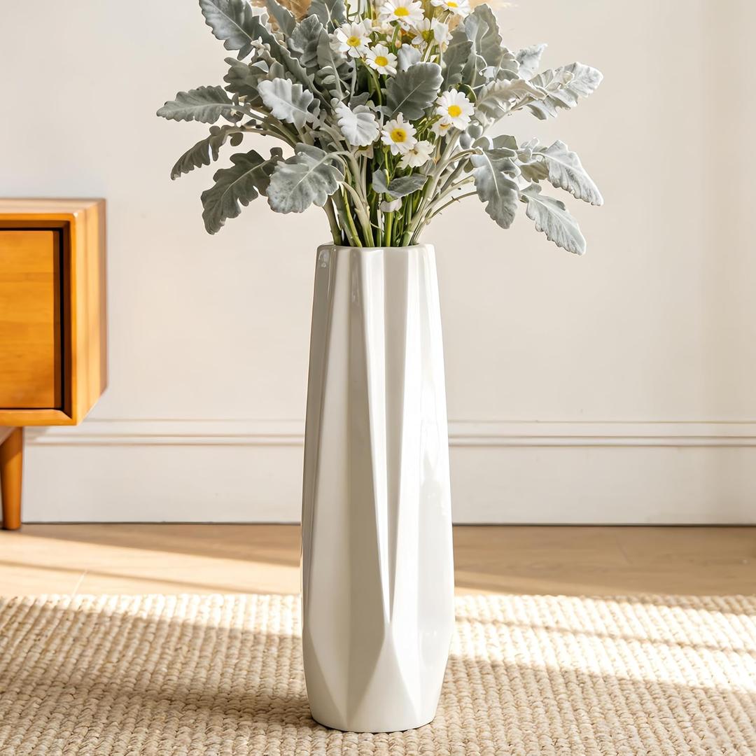 Ceramic Floor Large Vase 17.7 Inches Tall,White Modern Flower Tall Vases for Office, Home,Farmhouse,Living Room Dcor,Simple Origami Design Fall Decorative Porcelain Flower Arrangement Vase Ideal Gift
