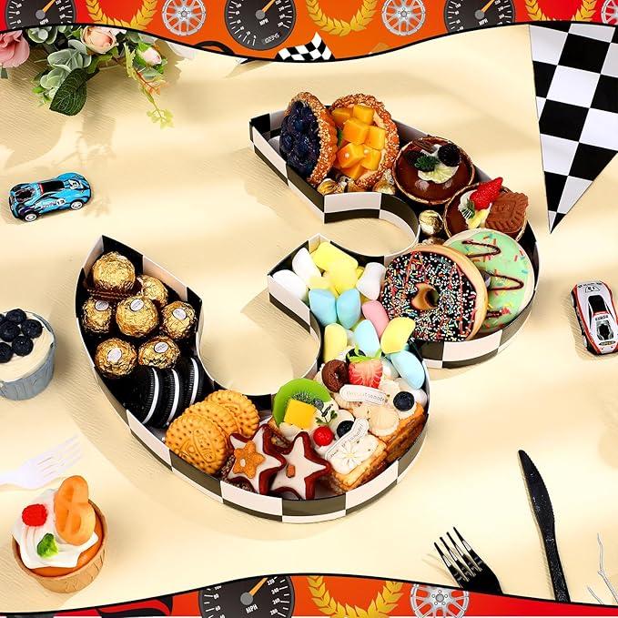 Mifoci 13.7" Race Car Cardboard Fillable Number Box for Charcuterie Fast Birthday Party Decor 1st 2nd 3rd 5th Number Shaped Box Black and White Checkered Snack Paper Mache Tray for Party Supplies (3)