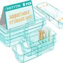 8 Pcs Mixed Extendable Clear Drawer Organizer, All Adjustable Vanity Storage Box, 4-Size Desk Drawer Organizer, Acrylic Storage Bins for Makeup, Bedroom Dressers Tool Organizer for Gadgets, Blue