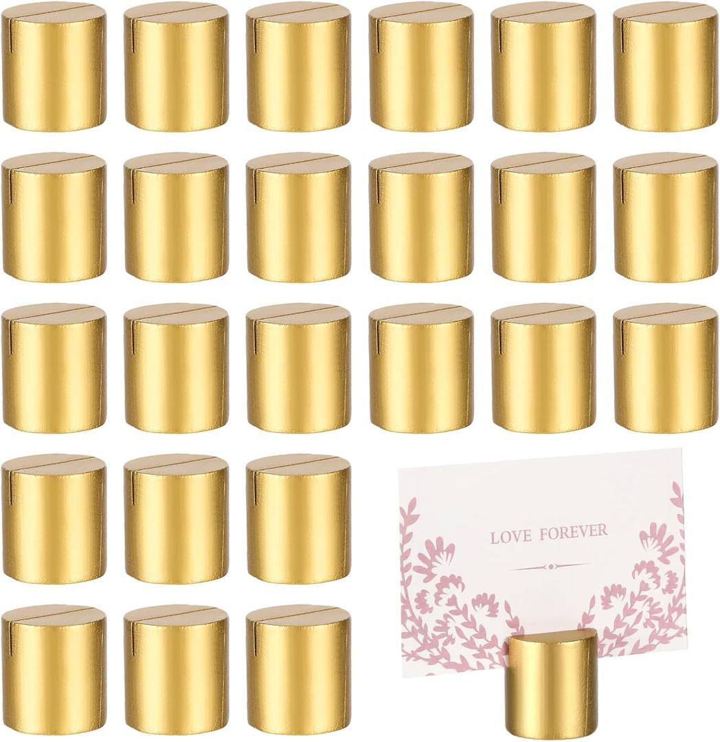 24 Pcs Gold Table Number Holders, Wooden Mini Cylinder Lightweight Place Card Holders for Table, Photo Picture Menu Name Card Sign Display, Table Number Stands for Wedding Birthday Party Banquet