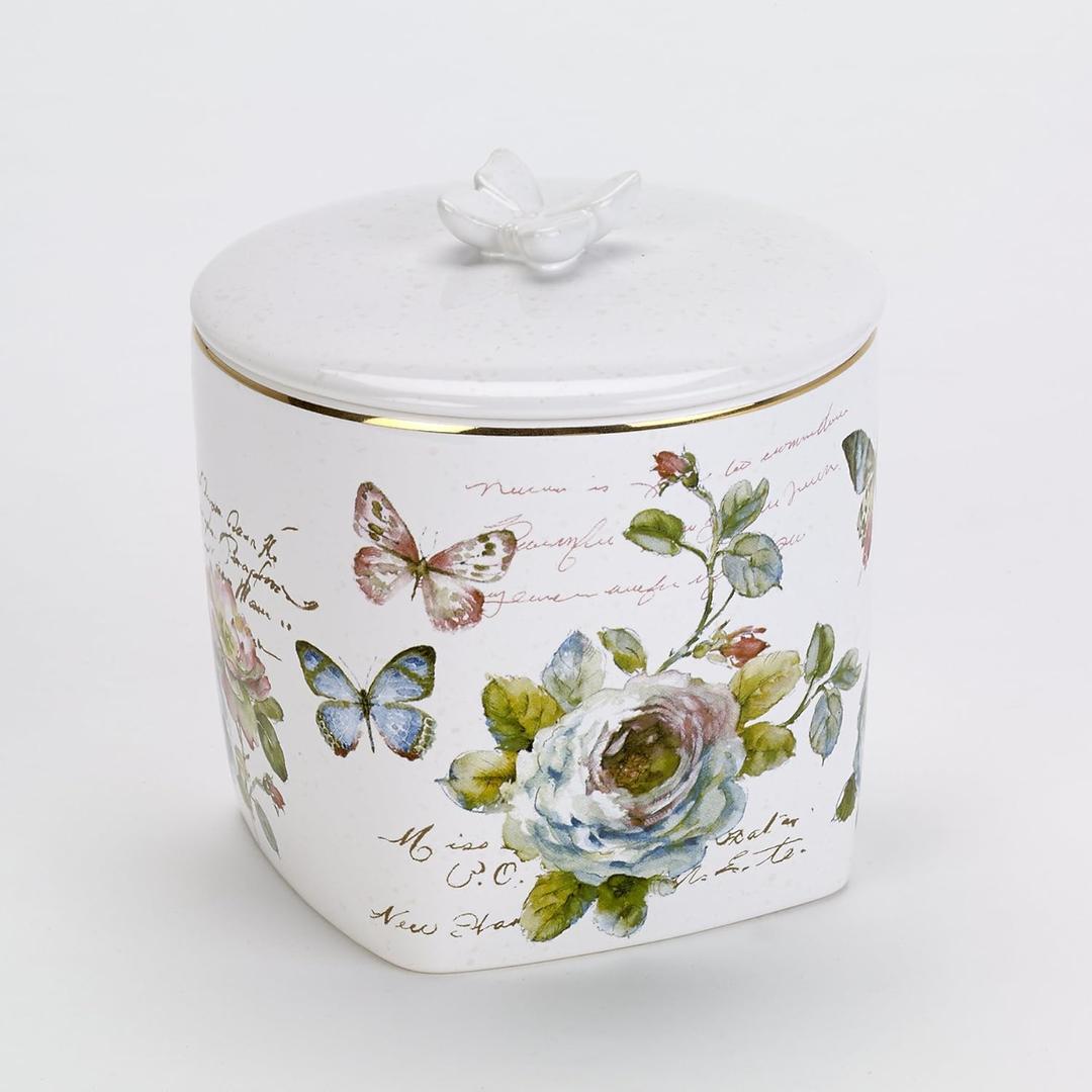 Avanti Linens - Covered Jar, Multipurpose Countertop Organizer, Ceramic Bathroom Decor (Butterfly Garden Collection), White