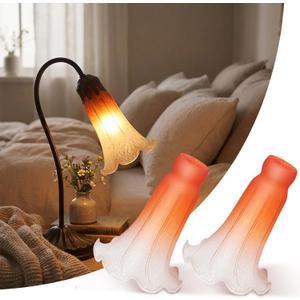 2 Pack Lily Flower Blown Glass Lampshade Orange White Glass Lamp Shade Replacement for Table Floor Lamps, I. D. 1.26" x O. D. 1.5", Fits E12 Base