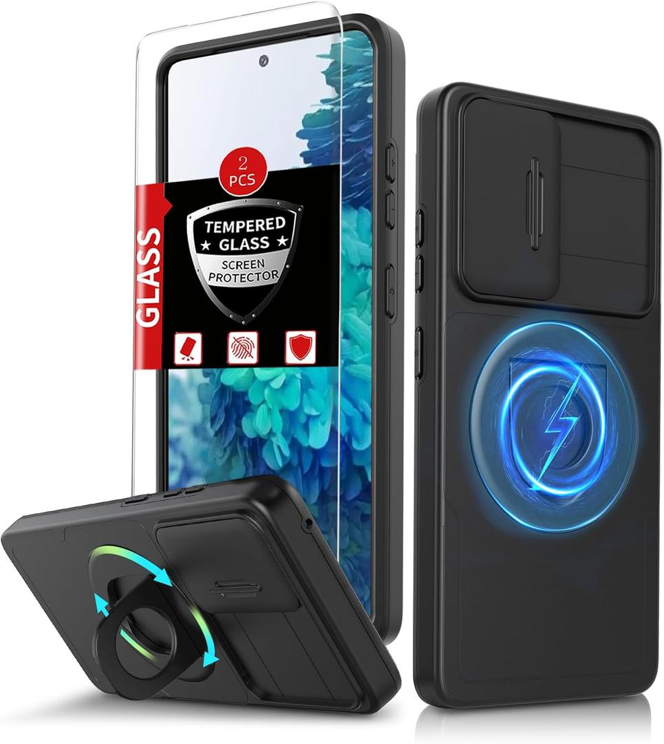 for Samsung Galaxy S20 FE Case Magnetic Compatible with MagSafe Wireless Charging,with 2 Screen Protectors,Built-in Stand Ring+Camera Cover Anti-Scratch Shockproof Heavy Duty Protection Black