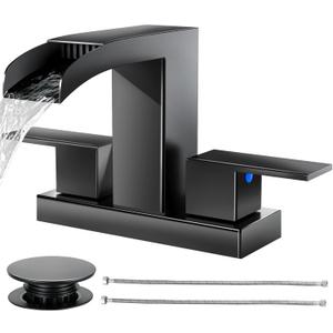 Cobbe Waterfall Bathroom Faucets 3 Hole, Matte Black Bathroom Sink Faucet Square 4 Inch Centerset with Pop-Up Drain, 2 Handle and 2 Supply Hoses, Lead-Free Stainless Steel for Vanity Sink Rv