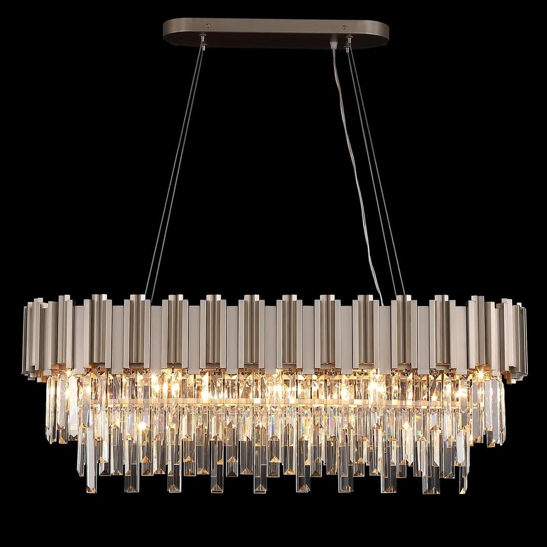 OSAIRUOS Modern Rectangle Crystal Chandeliers Linear Brush, Nickel Oval L35.4"