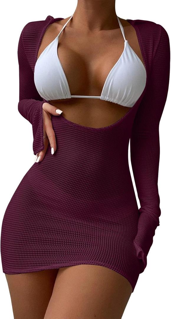 Lilosy Sexy Long Sleeve Mesh Swimsuit 3 Pieces Cover Up Bikini Set (Large, Purple)