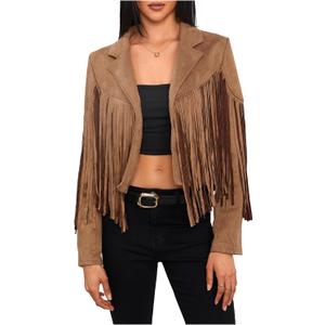 MakeMeChic Women's Faux Suede Tassel Cowgirl Motorcycle Coats Western Fringe Jackets 70s Hippie Costume Brown Small
