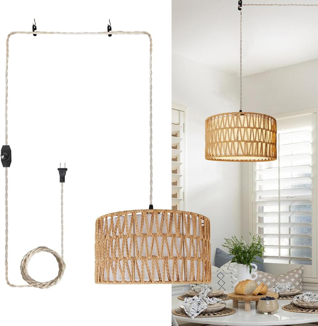 HuisMier Plug in Pendant Light Rattan Hanging Lamp 15 Ft Boho Hanging Lights with Rattan Woven & Fabric 2 in 1 Shade, Dimmable Plug in Pendant Light for Living Room Bedroom Dining Room (Beige and White)