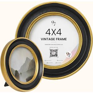 97 Decor Small Round Picture Frame 4x4, Elegant Vintage Frame 4 Inch For Tabletop And Wall Hanging, Black and Gold Circle Frames Antique Wall Decor For Home, Bedroom