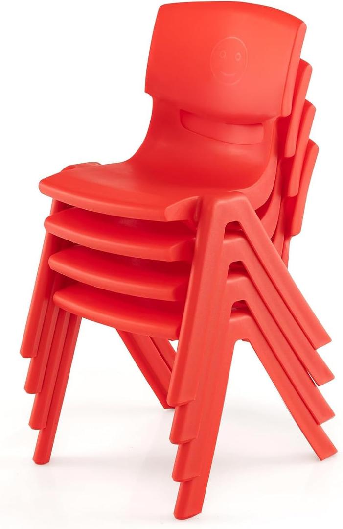 4 Pack Premium 11" H Plastic Stackable School Chairs, Toddler and Kids Chair for Daycare, School, Outdoor, Home - Red