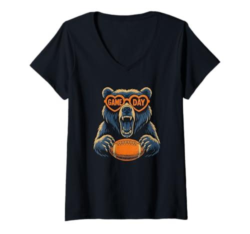 Womens Funny Football Bear Game Day Vintage Shirt Fans V-Neck T-Shirt L Women