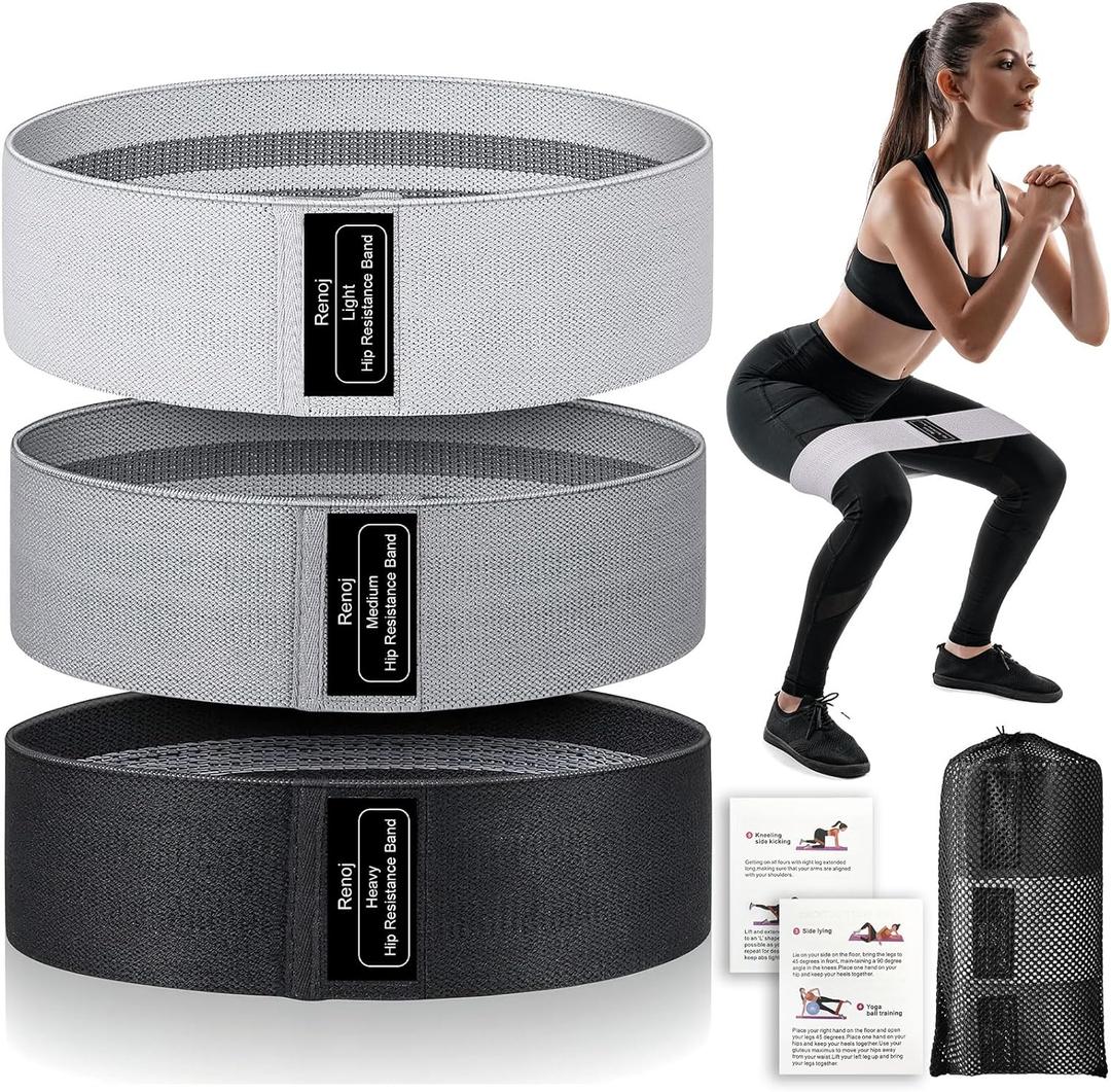 Renoj Resistance Bands for Working Out: 3-Set Professional Exercise Bands for Pilates, Yoga, Home Gym, Booty, Leg Training | Heavy/Medium/Light Fabric Loops for Women Men (Black)