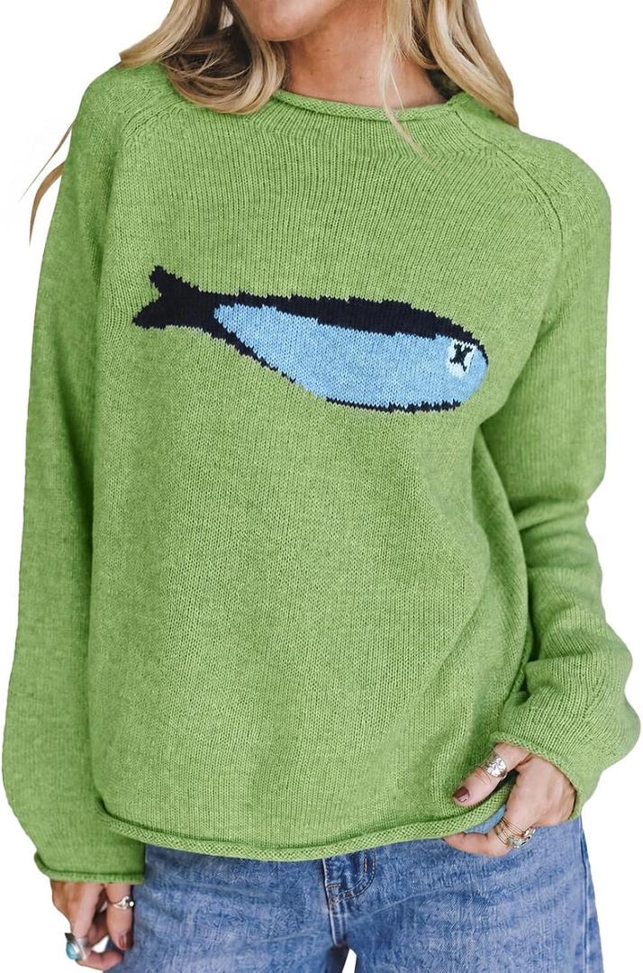 Tankaneo Womens Fish Graphic Oversized Sweaters Roll Neck Knit Pullover (Green, XL)