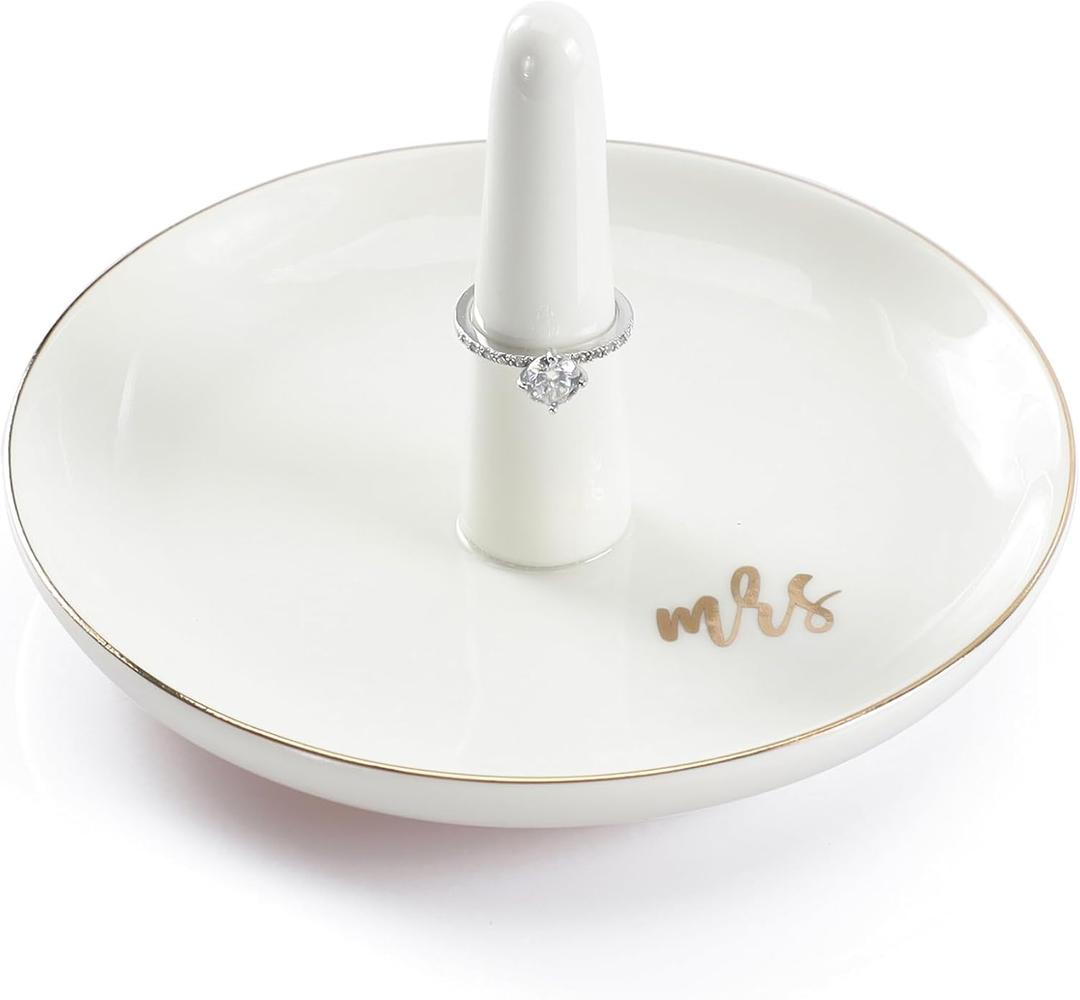 HOME SMILE Mrs Ring Holder Jewery Tray-Monogrammed Engagement Gifts for Friends,Birthday Mother's Day Christmas Gifts for Women,Ceramic White