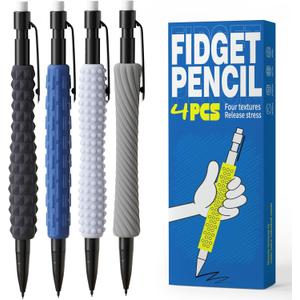 ELETIUO 4-in-1 Silent Fidget Pencil Sensory Focus Tool for Stress Relief, ADHD, Autism & Anxiety. Fine Motor Skills Aid with Textured Silicone Sleeve for for Kids and Adults