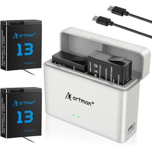Artman Hero 13 Battery 2300mAh 2-Pack for GoPro Hero13 Black Camera with 2-Slot Pocket Storage Fast Charger, Fully Compatible with GoPro Hero 13 Battery and Charger