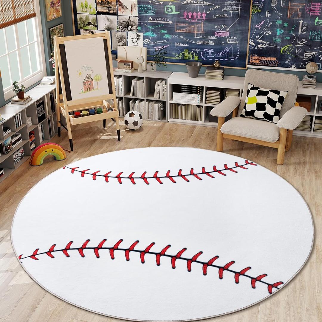 Soft Round Rugs for Bedroom, Baseball Rug for Boys, Bedside Area Kids Carpet, Baseballs Lovers Home Decor Indoor Circle Carpets for Living Room, Nursery, Dorms Machine Washable, 6ft Inch