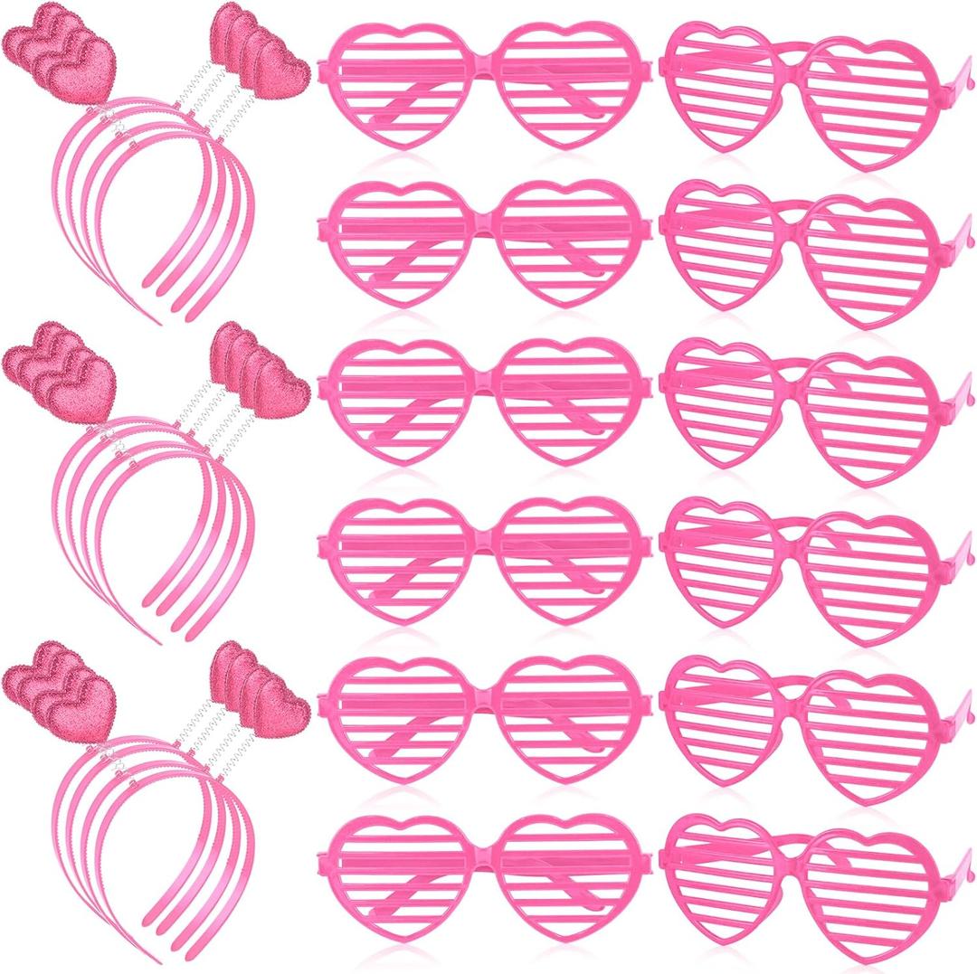 24 Pcs Valentines Heart Head Boppers Headbands and Heart Shape Sunglasses Party Supplies (Pink)