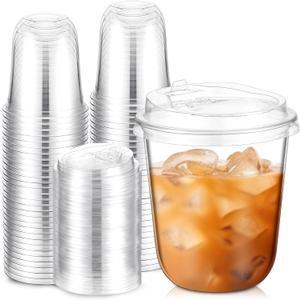 Baderke 50 Sets Clear Plastic Cups with Lids, Iced Coffee Cups with lids,Disposable Plastic Smoothie Cup for Cold Drinks, Sip Lid (12 oz)