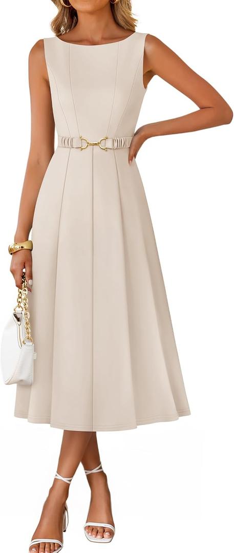 ZESICA Women Summer Sleeveless Midi Dresses 2026 Elegant Boat Neck A Line Tie Waist Spring Cocktail Party Dress Apricot, Medium