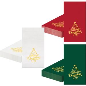 150 Pcs Merry Christmas Guest Napkins 3 Ply Red Green White Disposable Paper Napkins Tree Dinner Hand Towels Folded Dinner Serviettes Hand Towels for Christmas Party Supplies Table Decor