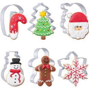Christmas Cookie Cutters Set 6 Pieces,Stainless Steel Metal Cutter with Christmas Tree, Gingerbread Man, Snowman, Snowflake, Candy Cane, Santa Face Shapes for Holiday