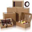 COTOPHER 10Pcs Cookie Boxes with Ribbons, 9x6x3 Inch Bakery Boxes with Window, Brown Treat Containers for Pastries, Chocolate Covered Strawberries, Dessert, Easter Candy, Muffins, Donuts