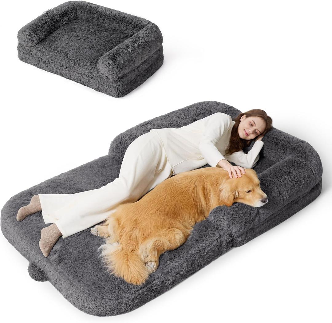 Bedsure Foldable Human Dog Bed - 2 in 1 Flexible Giant Human Dog Bed for Adult People with Supportive Bolster Egg Foam, Waterproof Liner, Calming Fluffy Faux Fur Orthopedic Big Bean Bed, Dark Grey