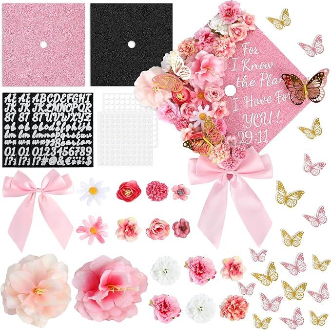 Graduation Cap Decorating Kit DIY Grad Cap Topper Crafts Glitter Cardstock Assorted Artificial Flowers Butterflies Rhinestones Alphabet Stickers Graduation Party Supplies (Pink)