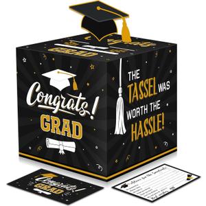 Funrous Large 2025 Black and Gold Graduation Card Box with 30 Pcs Advice Card Gift Money Box Congrats Grad 3D Cap Top Holder Class of 2025 Party Decorations College Graduation Supplies