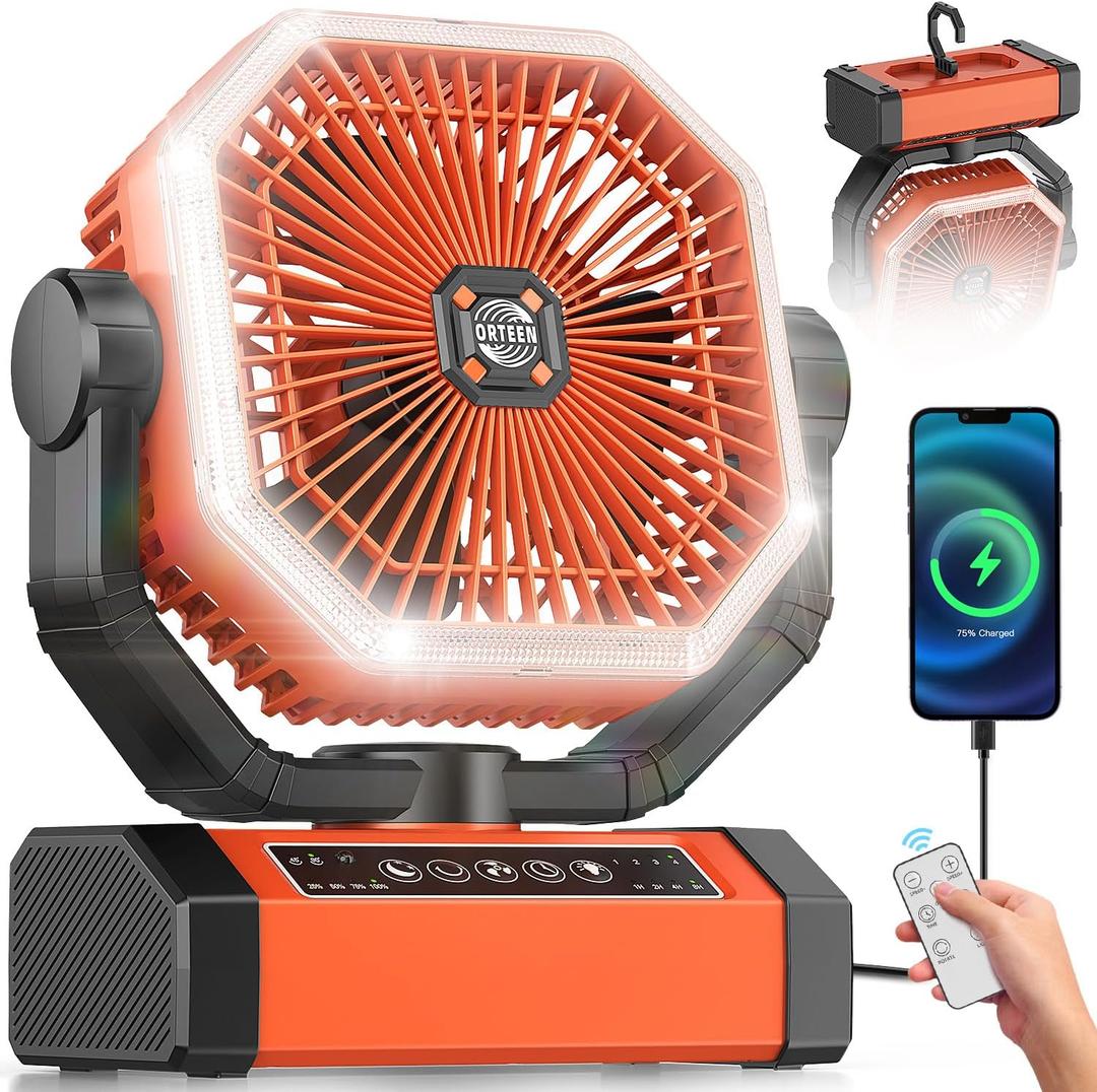 Battery Powered Fan - 9-Inch Rechargeable Fan Portable, 24000mAh(60Hrs) Camping Fans for Tent, Auto Oscillation Cordless, Tent Fans for Camping with Remote/light, 4 Speeds, 4 Timing, Outdoor (20000mAh-Orange)
