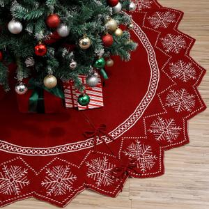 72inch Extra Large Christmas Tree Skirt Wavy Edged Reversible Knitted Tree Skirt Burgundy & Snowflake Pattern Thick Rustic Xmas Trees Decorations with Lace Ties for Holiday Home Party Decorations
