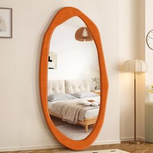 TRAHOME Irregular Asymmetrical Wall Mirror, 48" x 24" Flannel Wrapped Wooden Frame Frame Mirror for Living Room Bathroom Entryway, Hanging or Leaning Against Wall(Orange)