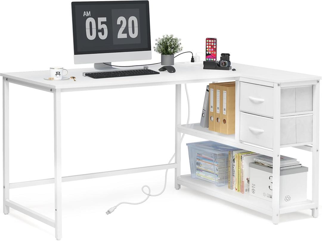 L-Shaped Desk with Drawers - 55 in Reversible White Office Desk for Home Office, Computer Desk with Storage for Bedroom, L-Shaped Computer Desk with USB Ports and Bookshelf