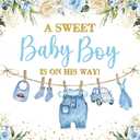 Cute Clothes Baby Shower Backdrop for Boys Blue Flowers Leaves a Sweet Baby Boy is on The Way Background Newborn Kids Baby Shower Birthday Party Decorations Banner Supplies Photo Props (Blue, 6x4FT)