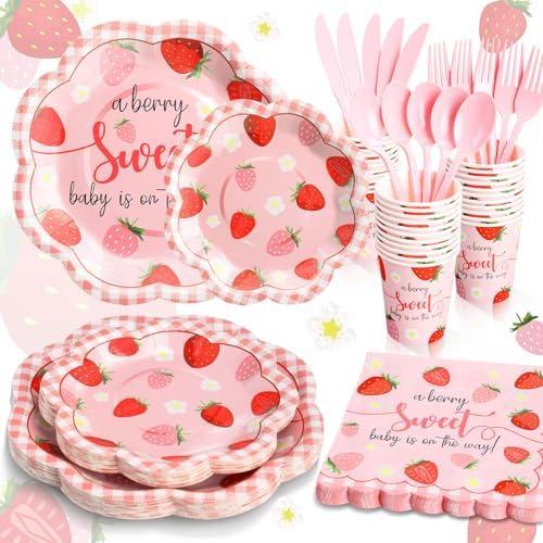 Gudvilla Strawberry Baby Shower Decorations for Girl, Berry Sweet Baby Shower Plates and Cups and Napkins Sets Serves 24, Strawberry Plates, A Berry Sweet Baby Is On The Way Decorations, Girl