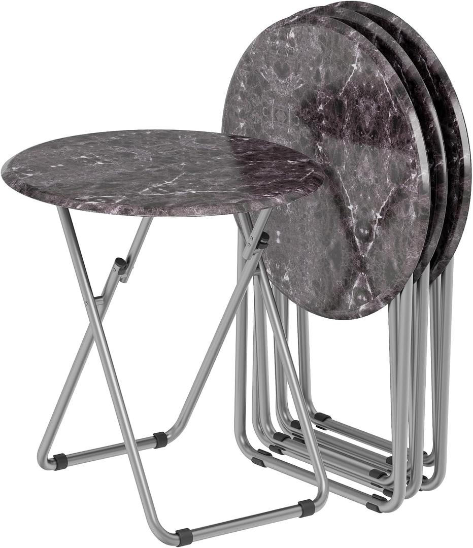 Folding Round TV Tray Table Set of 4, TV Dinner Table with Sturdy MDF Top, Eating Trays for Living Room with No Assembly Required, 17.5 x 17.5 x 26 in (Black Marble, 4Pcs)