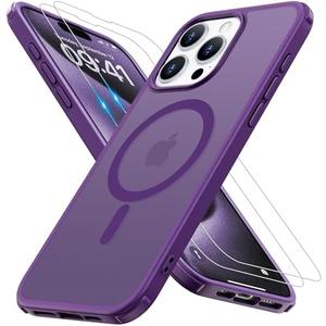 Iokmax Magnetic for iPhone 15 Pro Max Case [Compatible with MagSafe]with 2X Screen Protector, Military-Grade Slim Shockproof Phone Cover Translucent Matte Anti-Fingerprint Anti-Scratch,6.7 inch,Purple, Set of 2