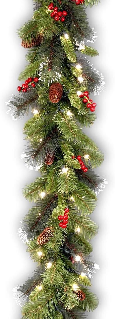 National Tree Company 9 ft Pre-Lit Crestwood Spruce Artificial Christmas Garland, Christmas Decoration with Glitter, Pinecones, Red Berries, 50 Clear Lights, 180 Tips, Green